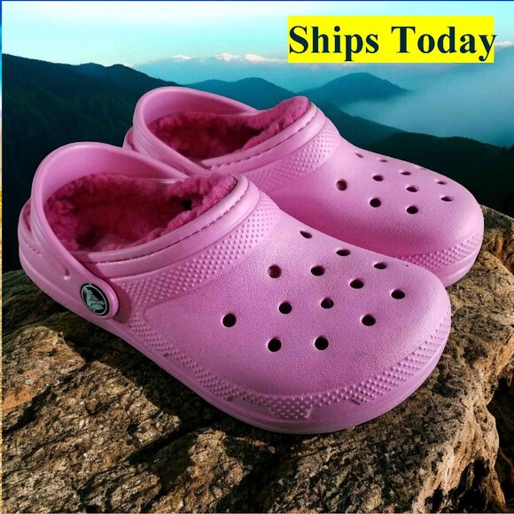 Crocs Classic Youth Size 13 Pink Faux Fur Lined Comfort Shoes 12437 - Picture 1 of 8